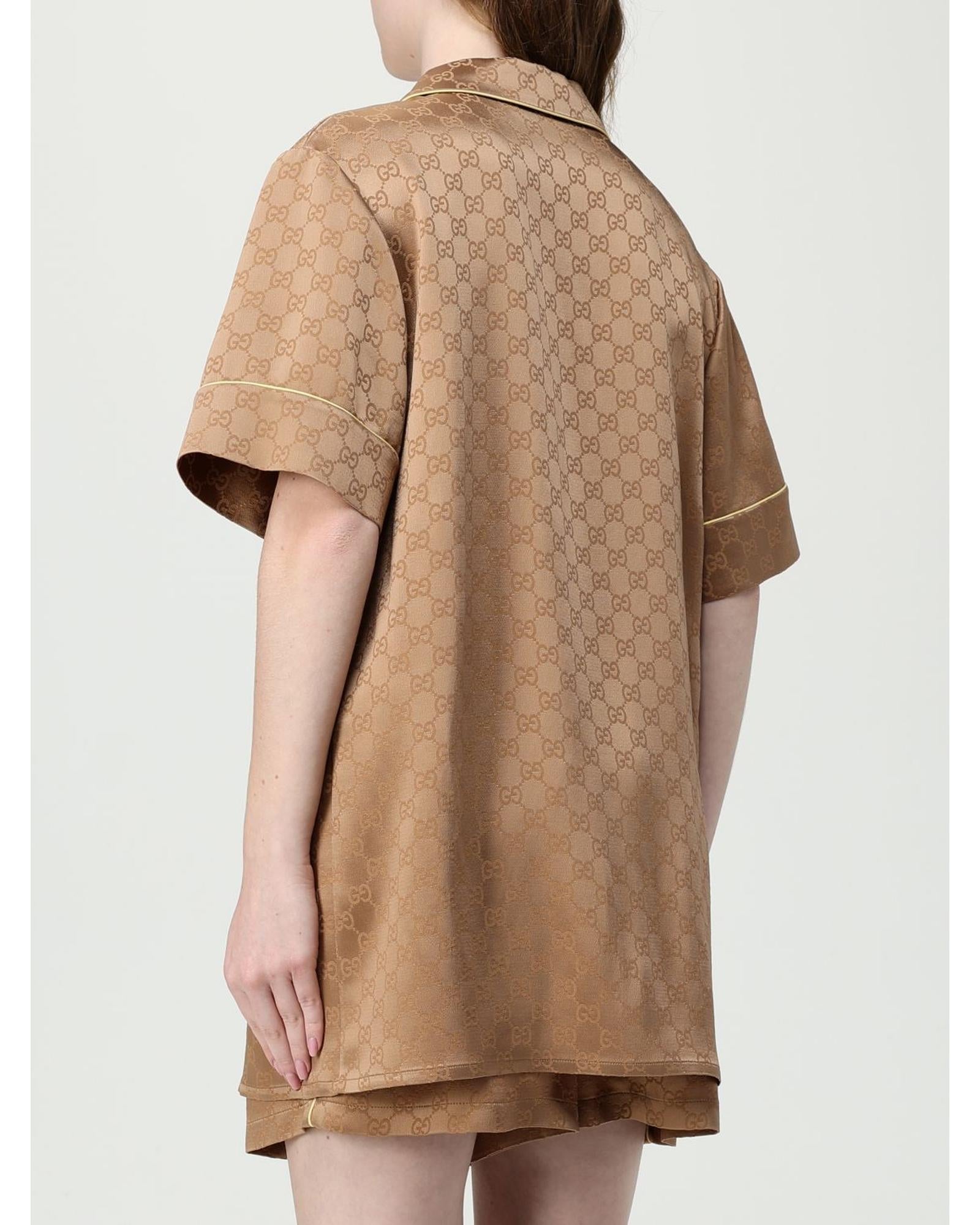 Gucci Silk Pajama Set Short Sleeves Women Brown Shirts & Tops