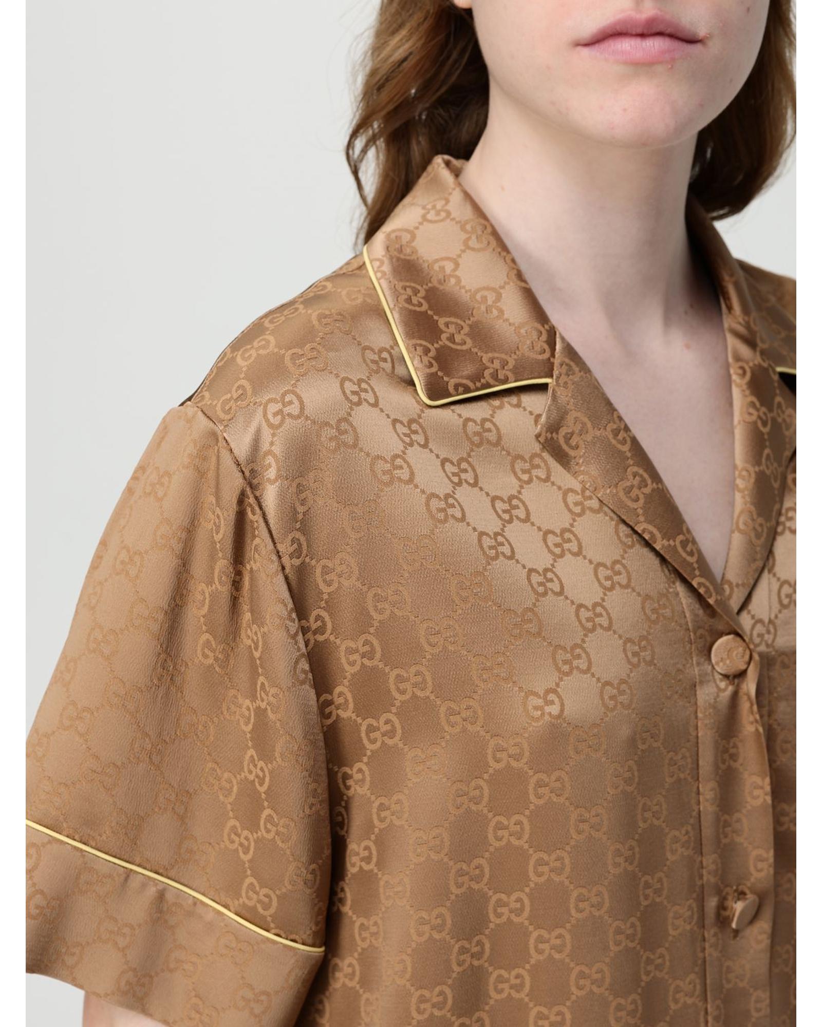 Gucci Silk Pajama Set Short Sleeves Women Brown Shirts & Tops