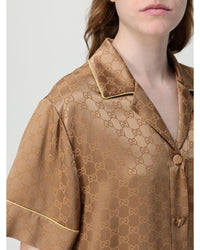 Gucci Silk Pajama Set Short Sleeves Women Brown Shirts & Tops