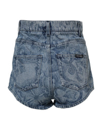 Dolce & Gabbana Blue Floral Print Denim Cotton Hot Pants Women's Shorts