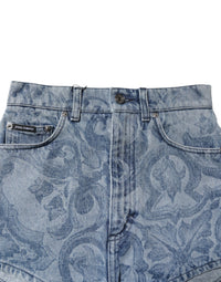 Dolce & Gabbana Blue Floral Print Denim Cotton Hot Pants Women's Shorts