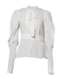 Dolce & Gabbana White Viscose Ascot Collar Long Sleeves Women's Top