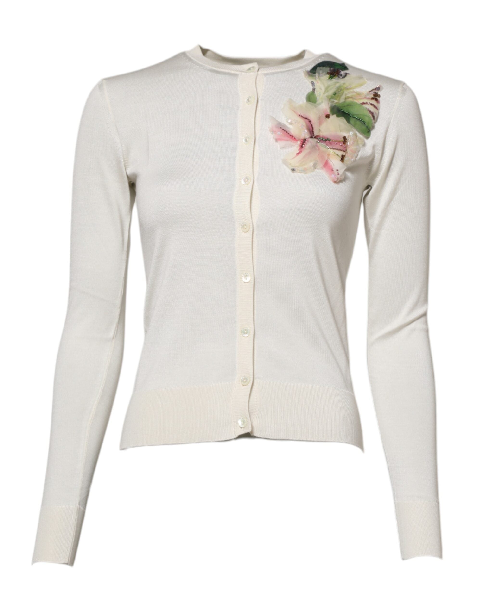Dolce & Gabbana White Silk Lily Buttoned Cardigan Women's Sweater