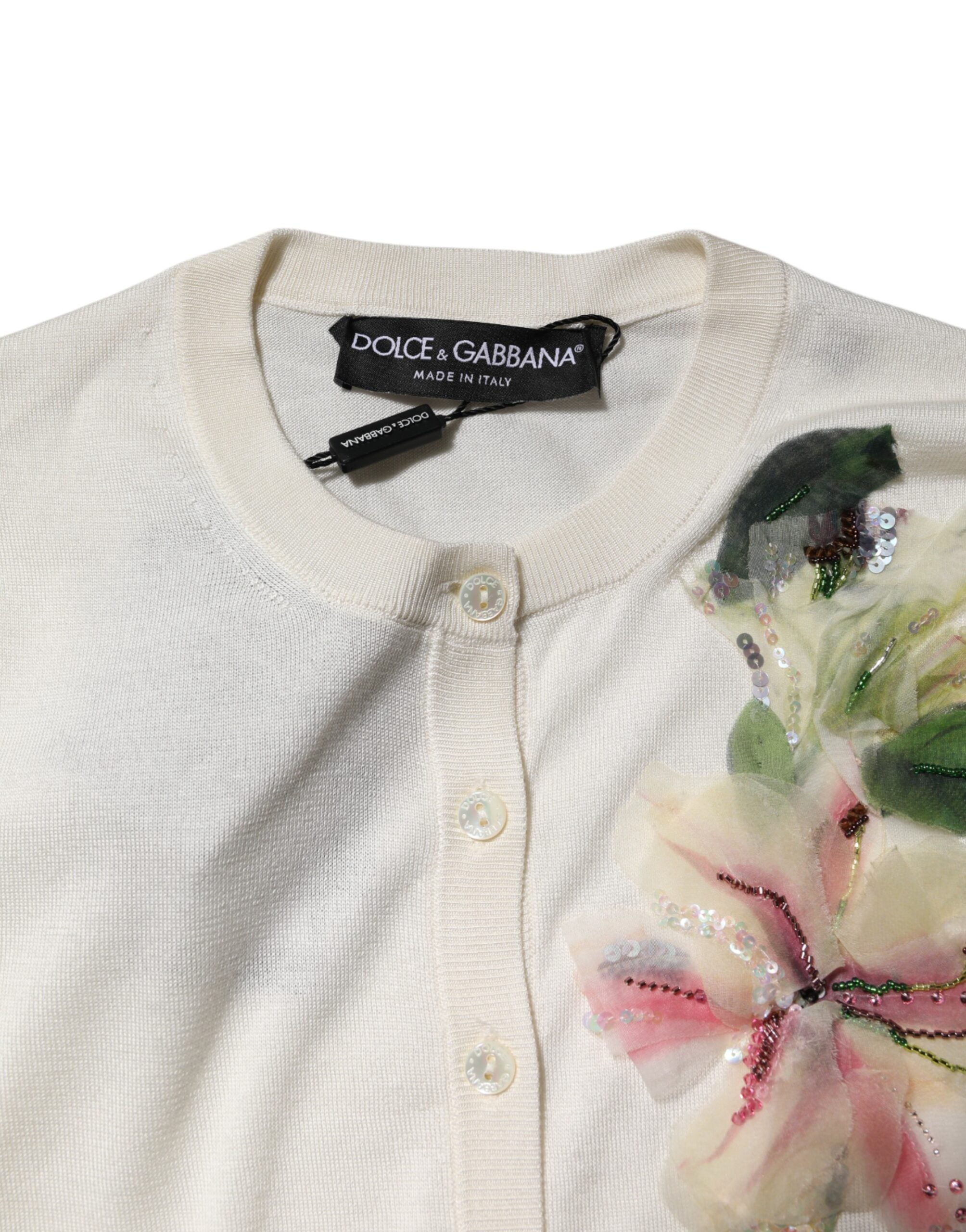 Dolce & Gabbana White Silk Lily Buttoned Cardigan Women's Sweater