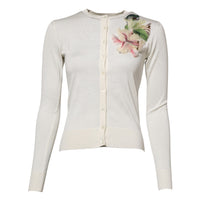 Dolce & Gabbana White Silk Lily Buttoned Cardigan Women's Sweater