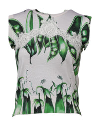 Dolce & Gabbana White Green Pea Print Sleeveless Blouse Women's Top