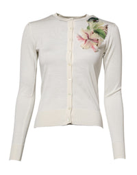 Dolce & Gabbana White Silk Lily Embellished Cardigan Women's Sweater
