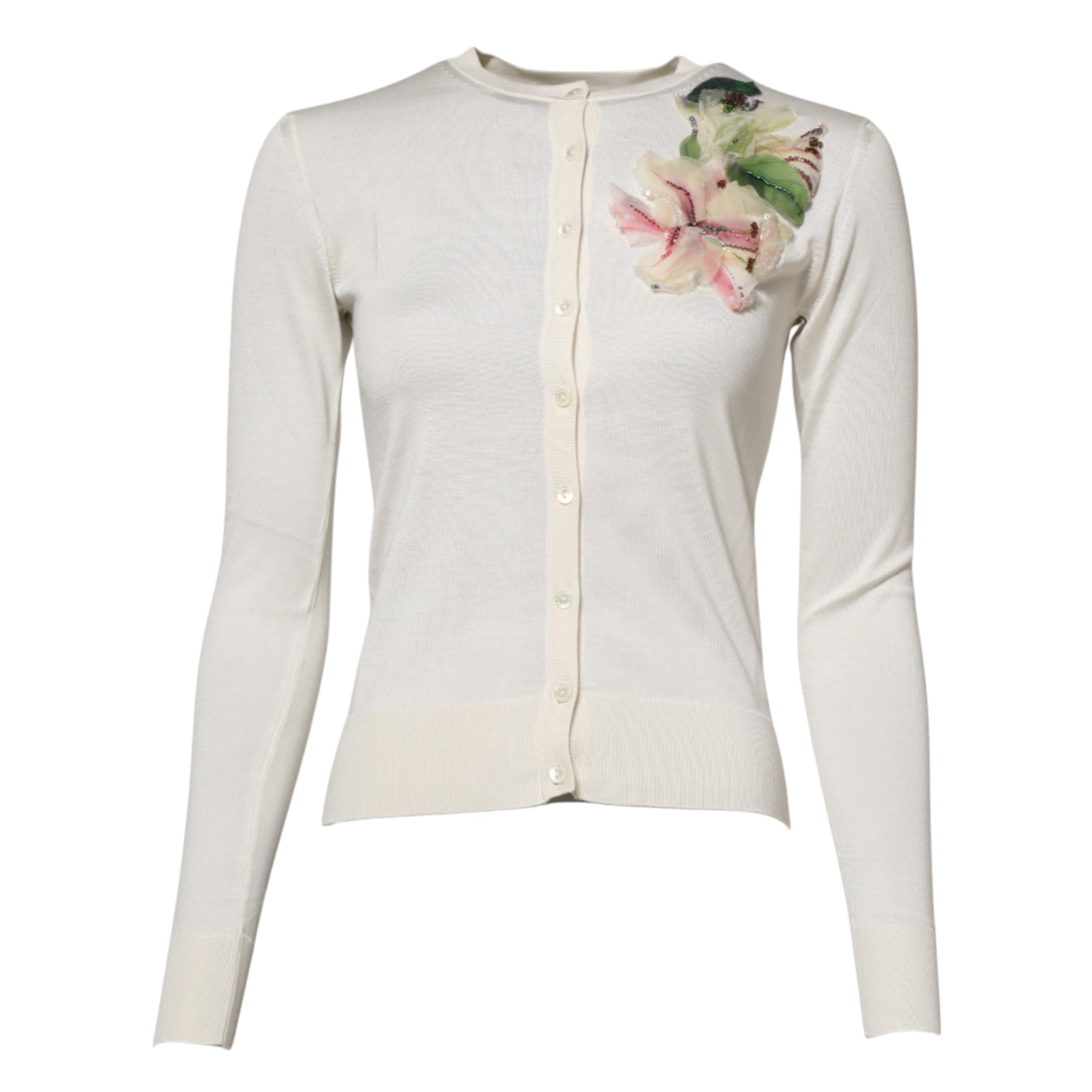 Dolce & Gabbana White Silk Lily Embellished Cardigan Women's Sweater