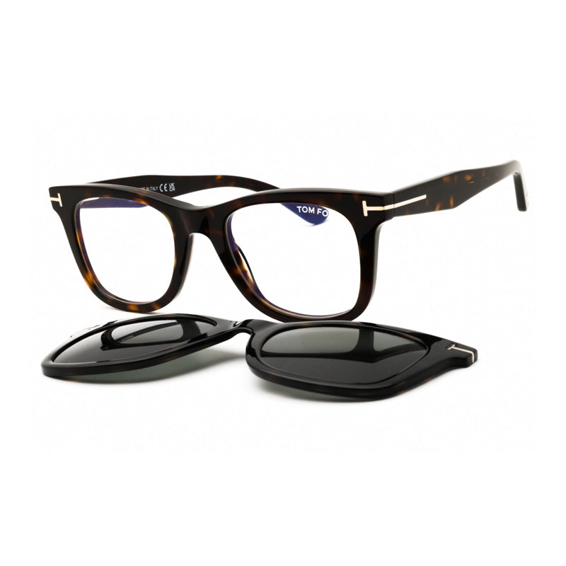 Tom Ford Tom Ford Eyeglasses Square Full Rim, Dark Havana Frame and Clear Blue Light Protection with Green Clip-On Lens FT5970-B052