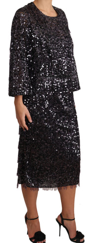 Dolce & Gabbana Black Sequined Long Sleeve Shift Midi Women's Dress