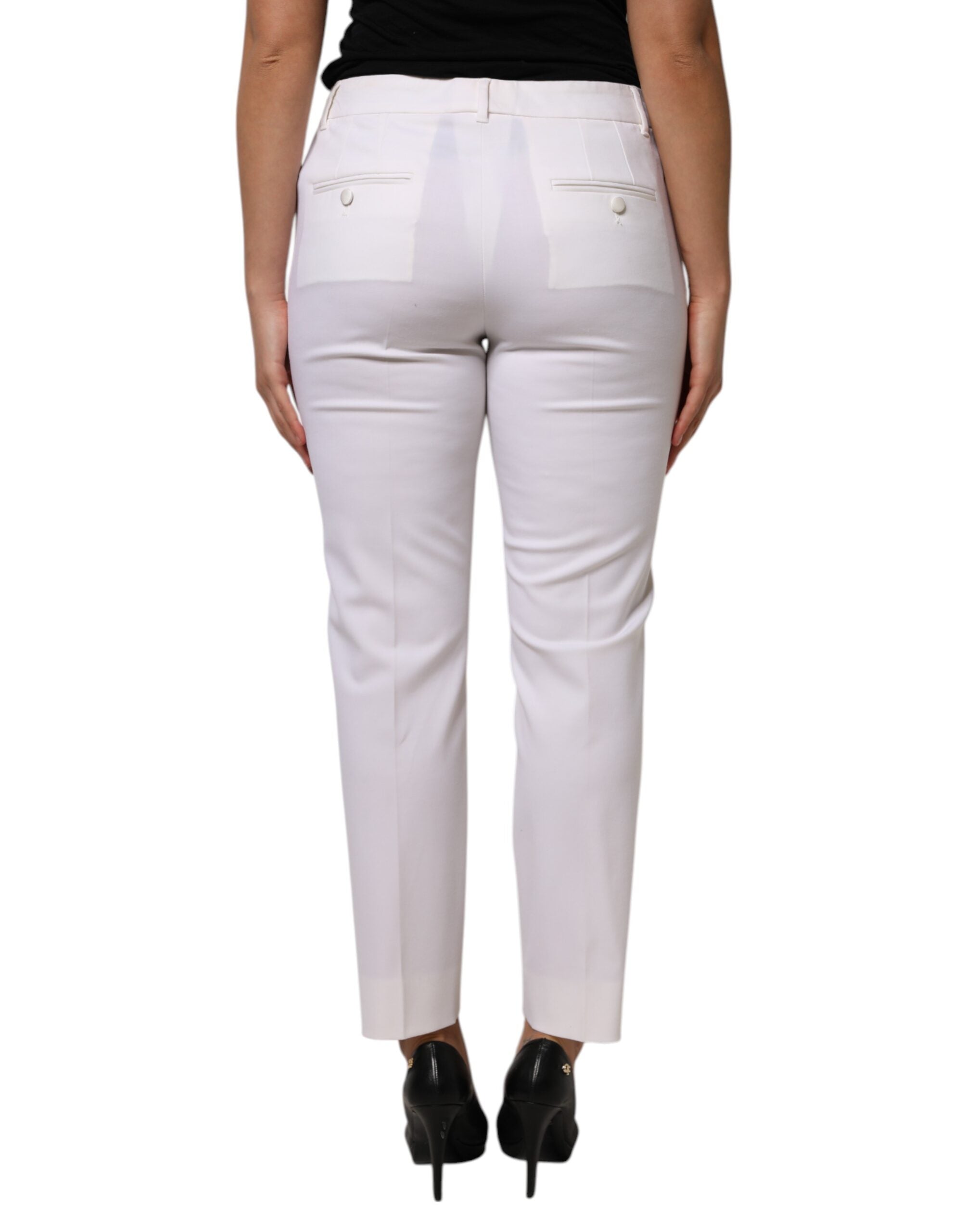 Dolce & Gabbana White Wool Mid Waist Tapered Women's Pants
