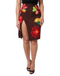 Dolce & Gabbana Brown Floral High Waist Side Slit Women's Skirt