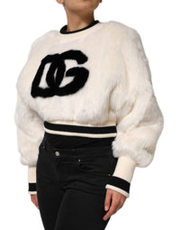 Dolce & Gabbana White Cropped Faux Fur DG Sweatshirt Women's Sweater