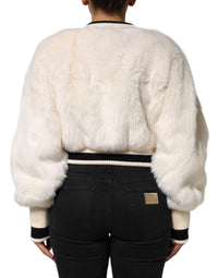 Dolce & Gabbana White Cropped Faux Fur DG Sweatshirt Women's Sweater