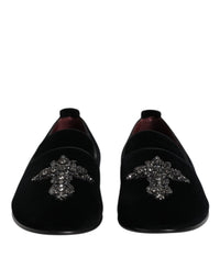 Dolce & Gabbana Black Velvet Embellished Loafer Slip On Men's Shoes