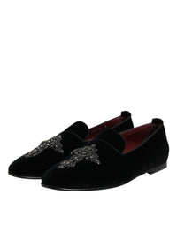 Dolce & Gabbana Black Velvet Embellished Loafer Slip On Men's Shoes
