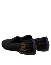 Dolce & Gabbana Black DG Crown Embroidery Loafers Slip On Men's Shoes