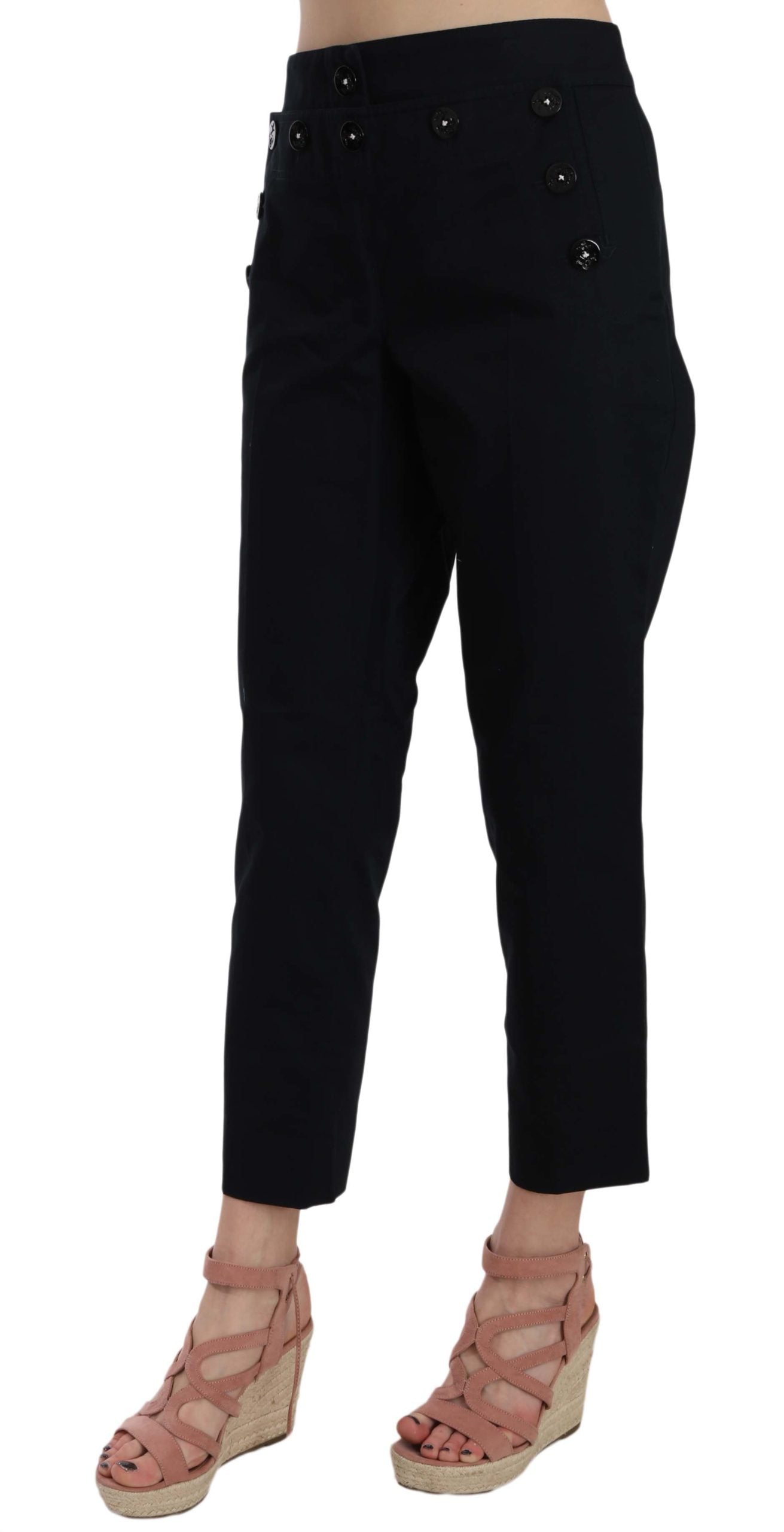 Dolce & Gabbana Black Cropped Front Button Embellished Women's Pants