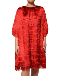 Dolce & Gabbana Red Silk Tiers Fringe Shift Knee Length Women's Dress
