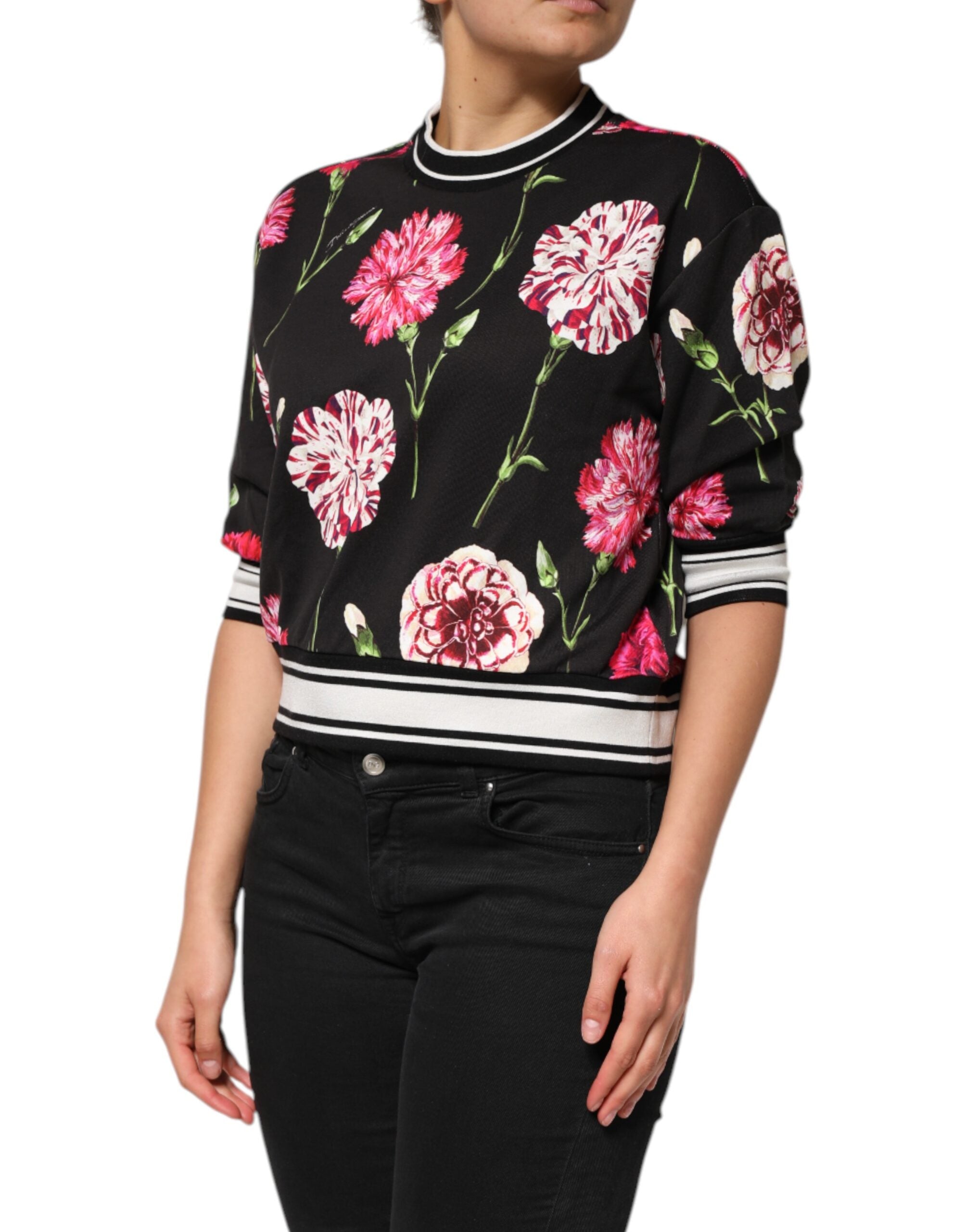 Dolce & Gabbana Black Floral Print Cotton Short Sleeves Women's Top
