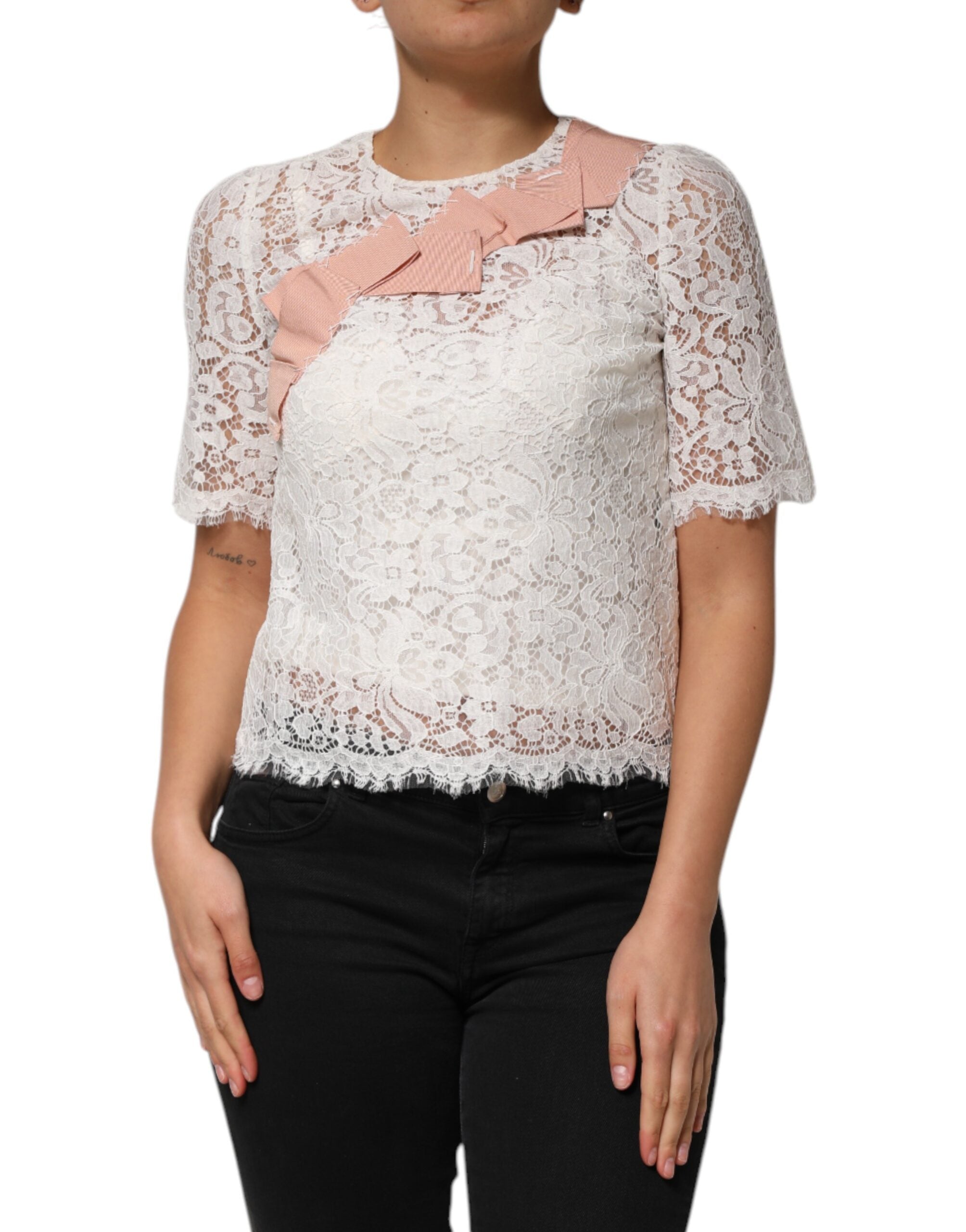 Dolce & Gabbana White Floral Lace Short Sleeves Blouse Women's Top