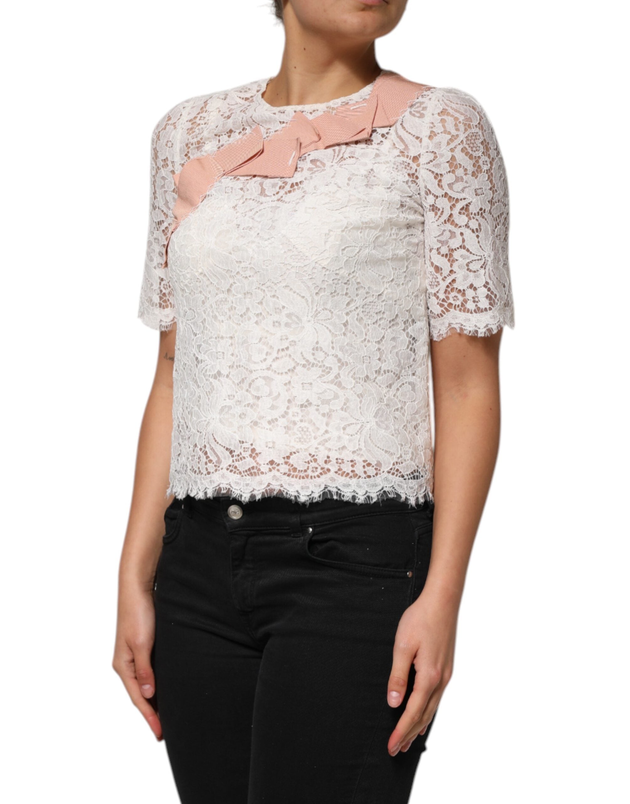 Dolce & Gabbana White Floral Lace Short Sleeves Blouse Women's Top