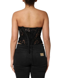 Dolce & Gabbana Black Strapless Floral Lace Bustier Cropped Women's Top (Pre-Loved)