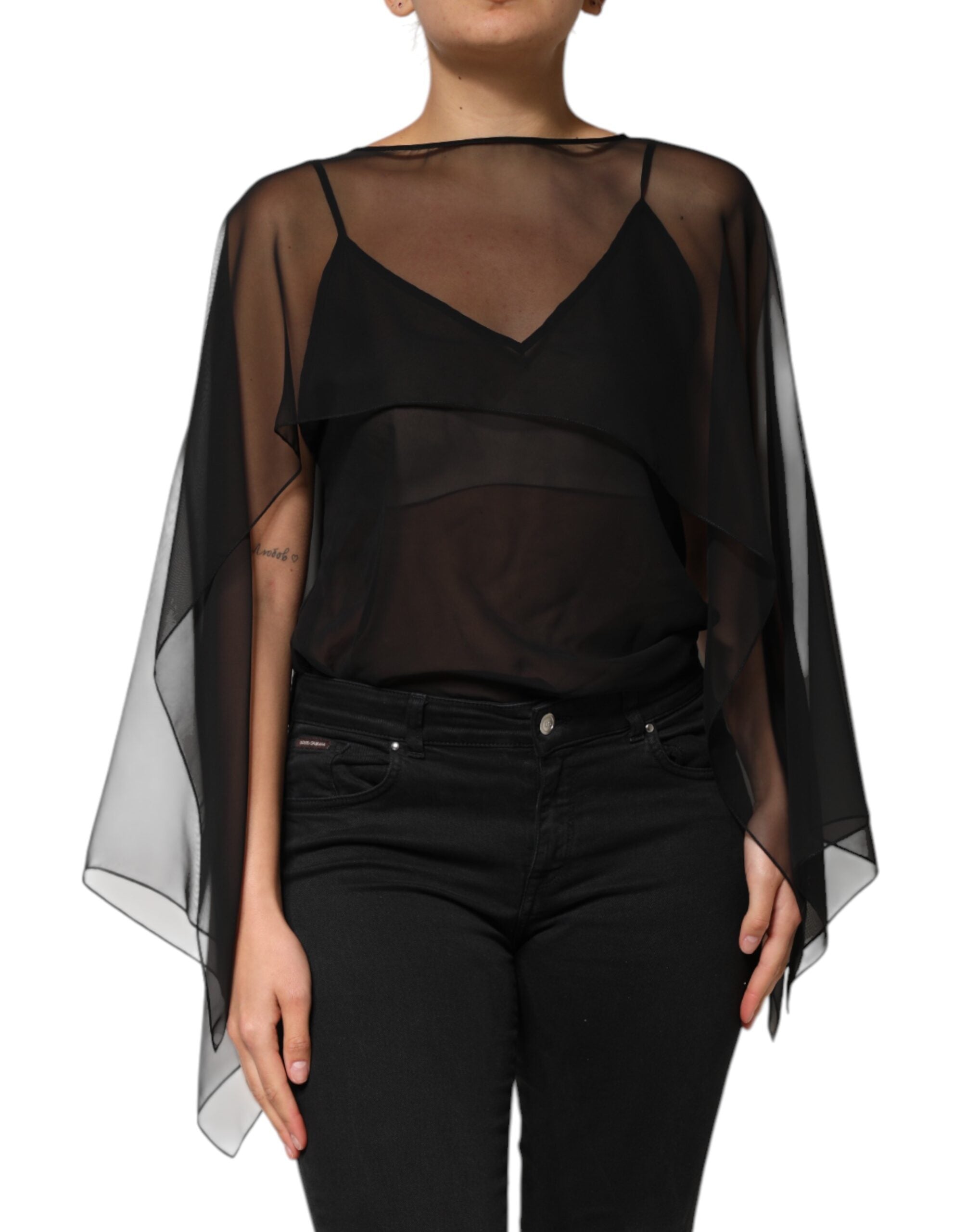 Dolce & Gabbana Black See Through Silk Chiffon Lace Blouse Women's Top