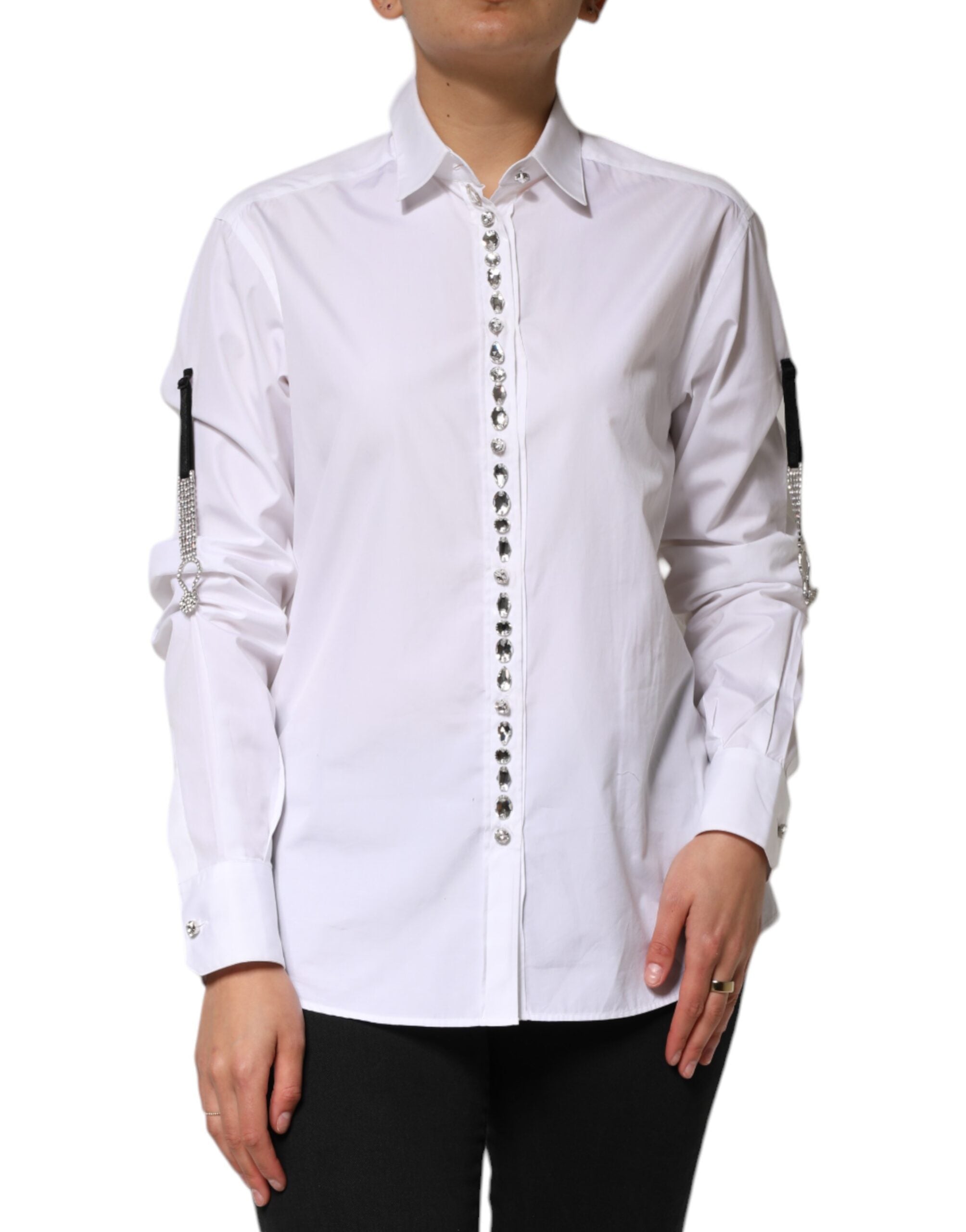 Dolce & Gabbana White Crystal Embellished Collared Shirt Women's Top