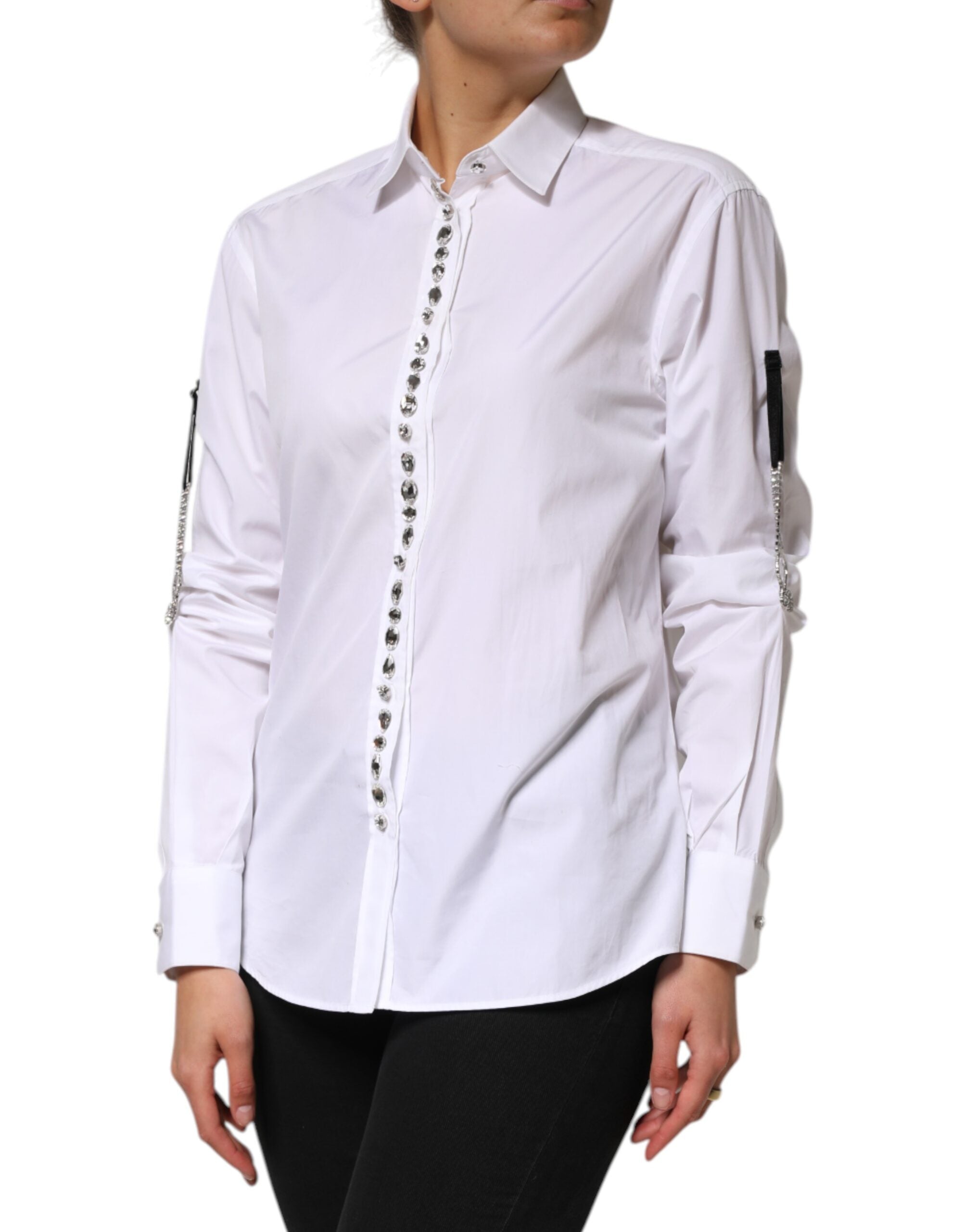 Dolce & Gabbana White Crystal Embellished Collared Shirt Women's Top