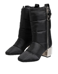 Dolce & Gabbana Black Padded Mid Calf Logo Heel Boots Women's Shoes
