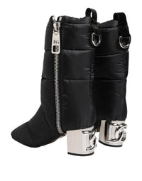 Dolce & Gabbana Black Padded Mid Calf Logo Heel Boots Women's Shoes