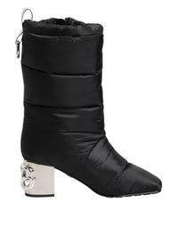 Dolce & Gabbana Black Padded Mid Calf Logo Heel Boots Women's Shoes
