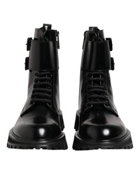 Dolce & Gabbana Black Leather Lace Up Mid Calf Boots Men's Shoes