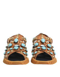 Dolce & Gabbana Brown Leather Studded Slides Sandals Men's Shoes