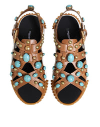 Dolce & Gabbana Brown Leather Studded Slides Sandals Men's Shoes