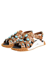Dolce & Gabbana Brown Leather Studded Slides Sandals Men's Shoes