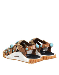 Dolce & Gabbana Brown Leather Studded Slides Sandals Men's Shoes