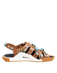 Dolce & Gabbana Brown Leather Studded Slides Sandals Men's Shoes
