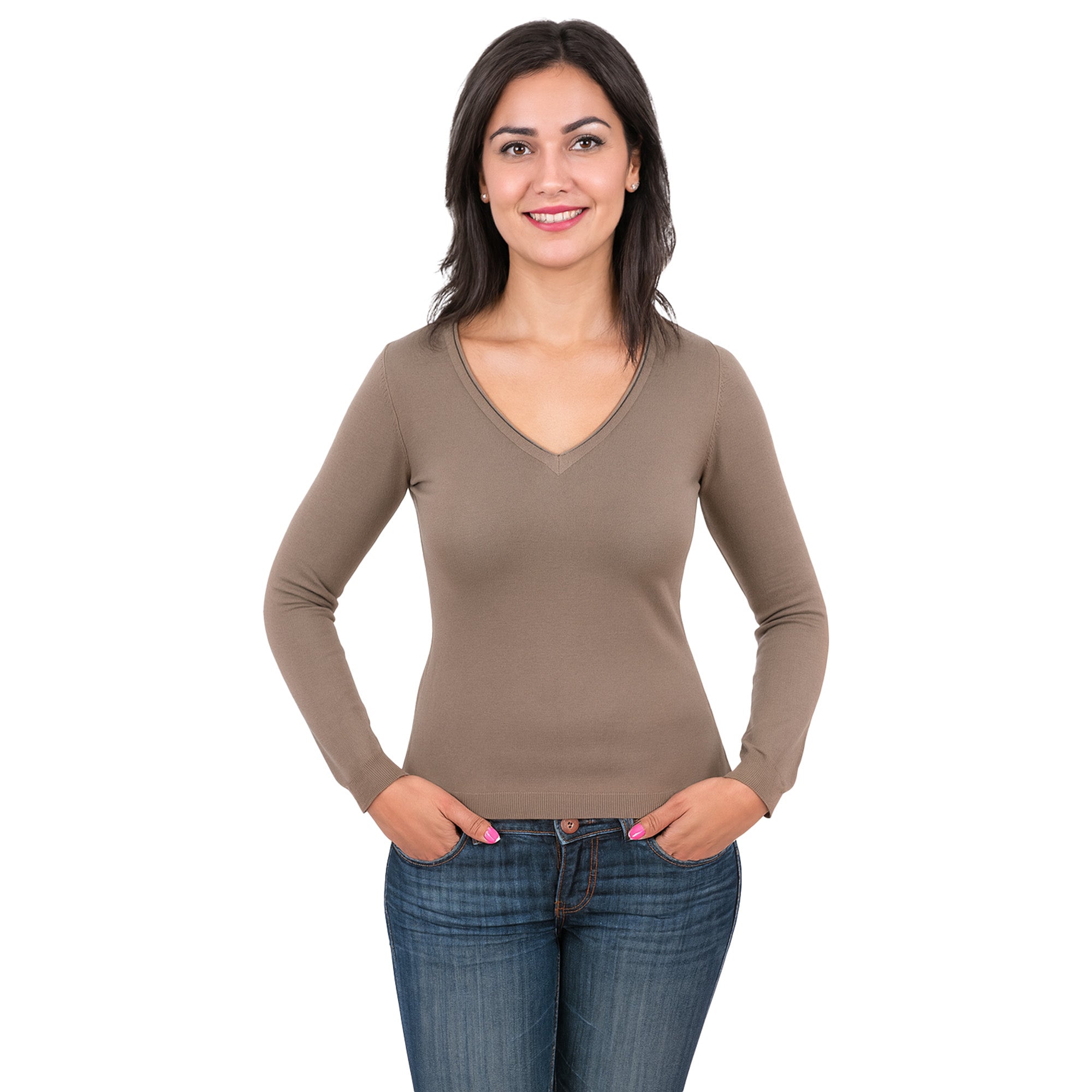 Real Cashmere Brown V-Neck Cashmere Blend WomensSweater