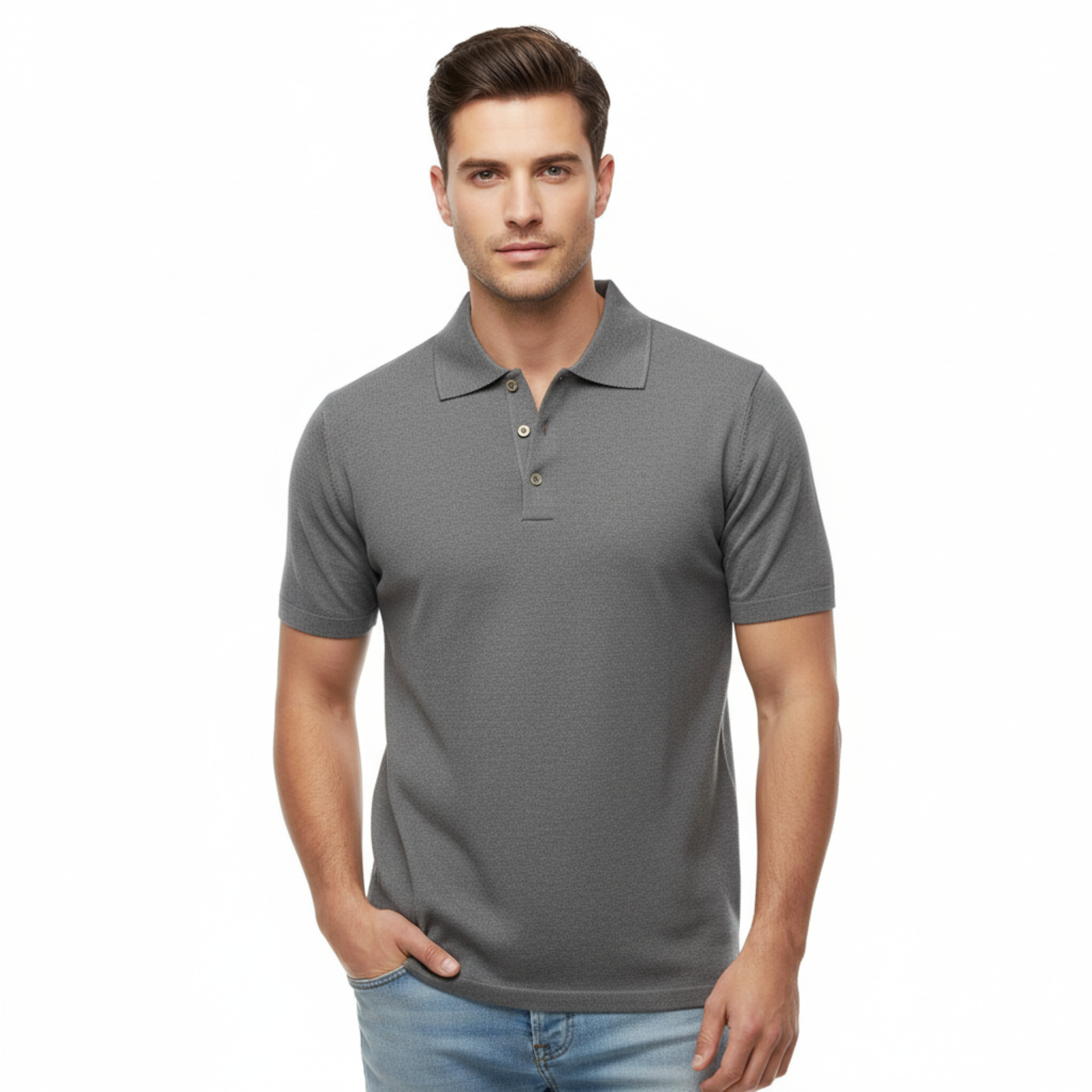 Cotton-Modal Blend Polo Big Mens Taupe Sweater by Real Cashmere