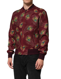Dolce & Gabbana Maroon Peacock Feather Print Bomber Men's Jacket