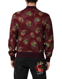 Dolce & Gabbana Maroon Peacock Feather Print Bomber Men's Jacket