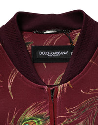 Dolce & Gabbana Maroon Peacock Feather Print Bomber Men's Jacket
