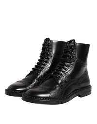 Dolce & Gabbana Black Leather Lace Up Mid Calf Boots Men's Shoes