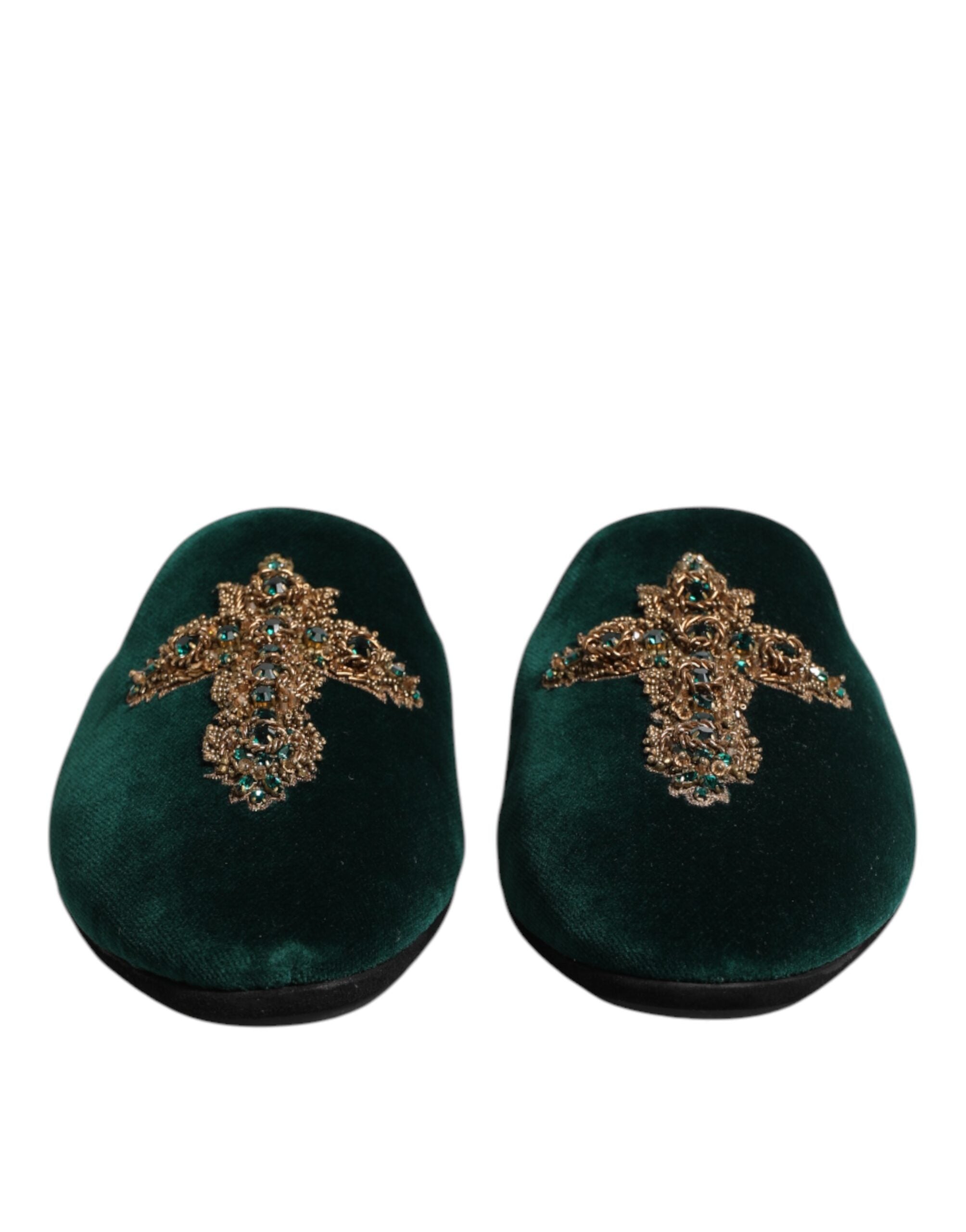 Dolce & Gabbana Dolce & Gabbana Green Velvet Cross Embellished Slippers Men's Shoes