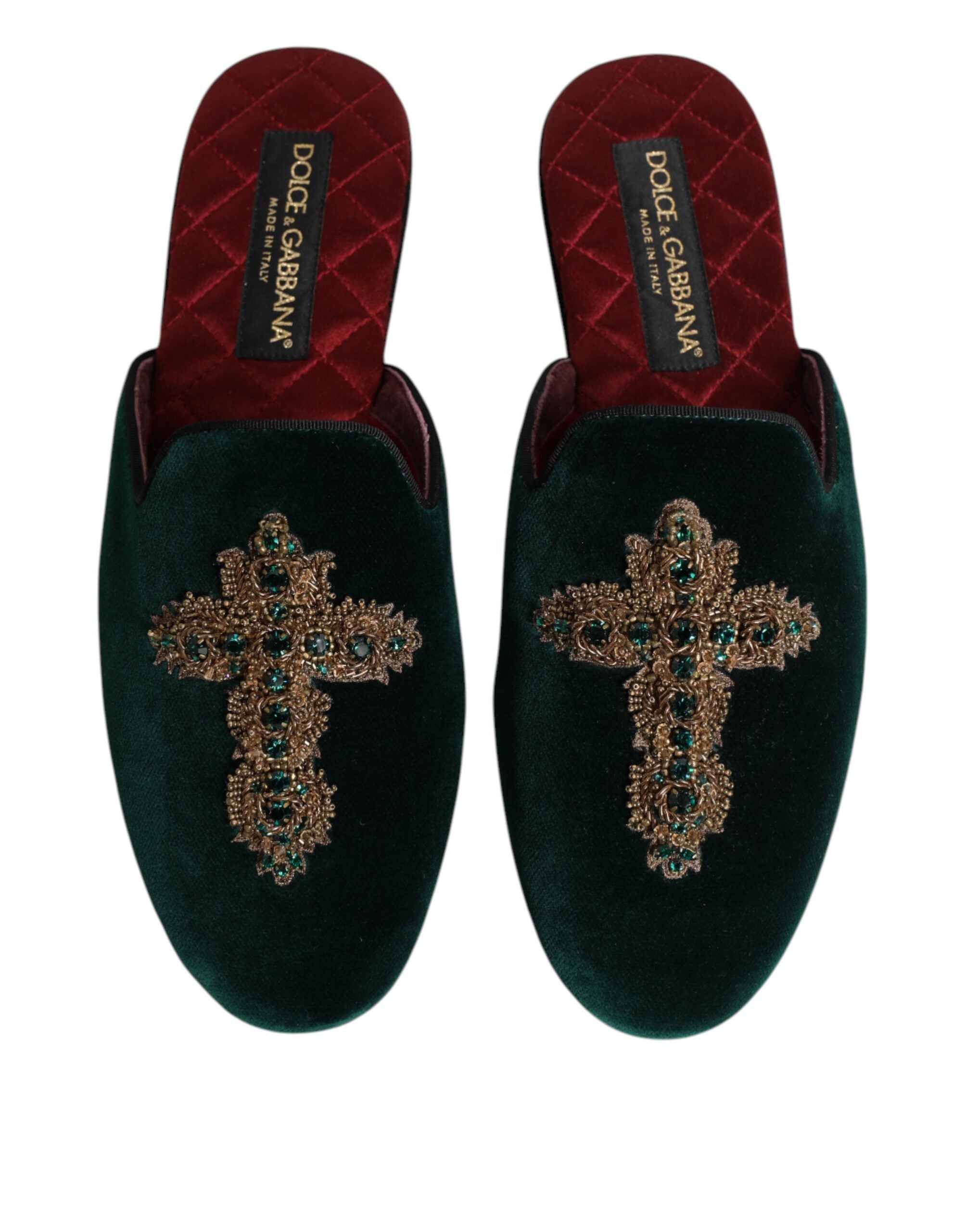 Dolce & Gabbana Dolce & Gabbana Green Velvet Cross Embellished Slippers Men's Shoes