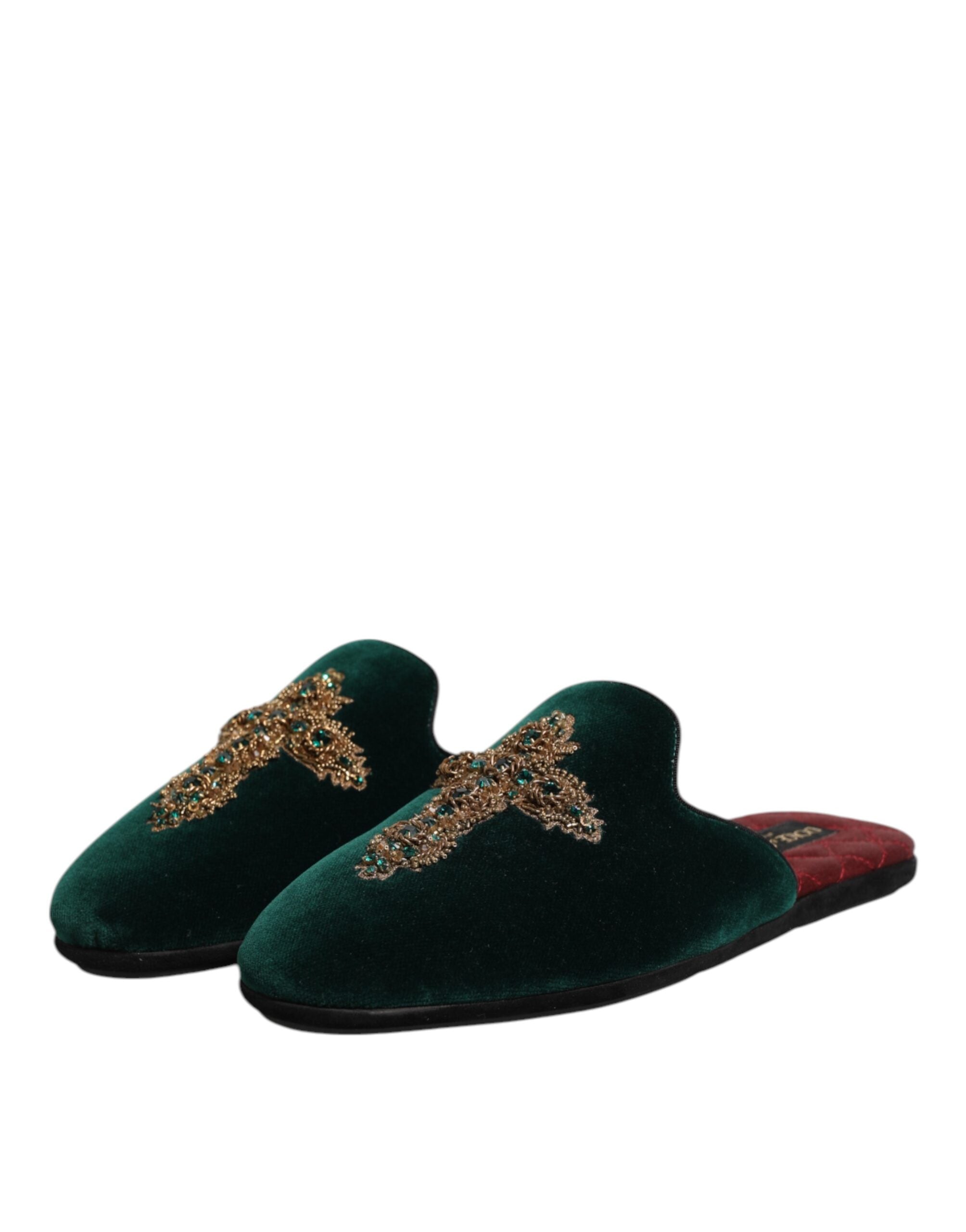 Dolce & Gabbana Dolce & Gabbana Green Velvet Cross Embellished Slippers Men's Shoes