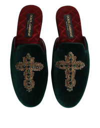 Dolce & Gabbana Dolce & Gabbana Green Velvet Cross Embellished Slippers Men's Shoes