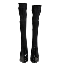 Dolce & Gabbana Black Leather Ribbed Knit Knee Boots Women's Shoes